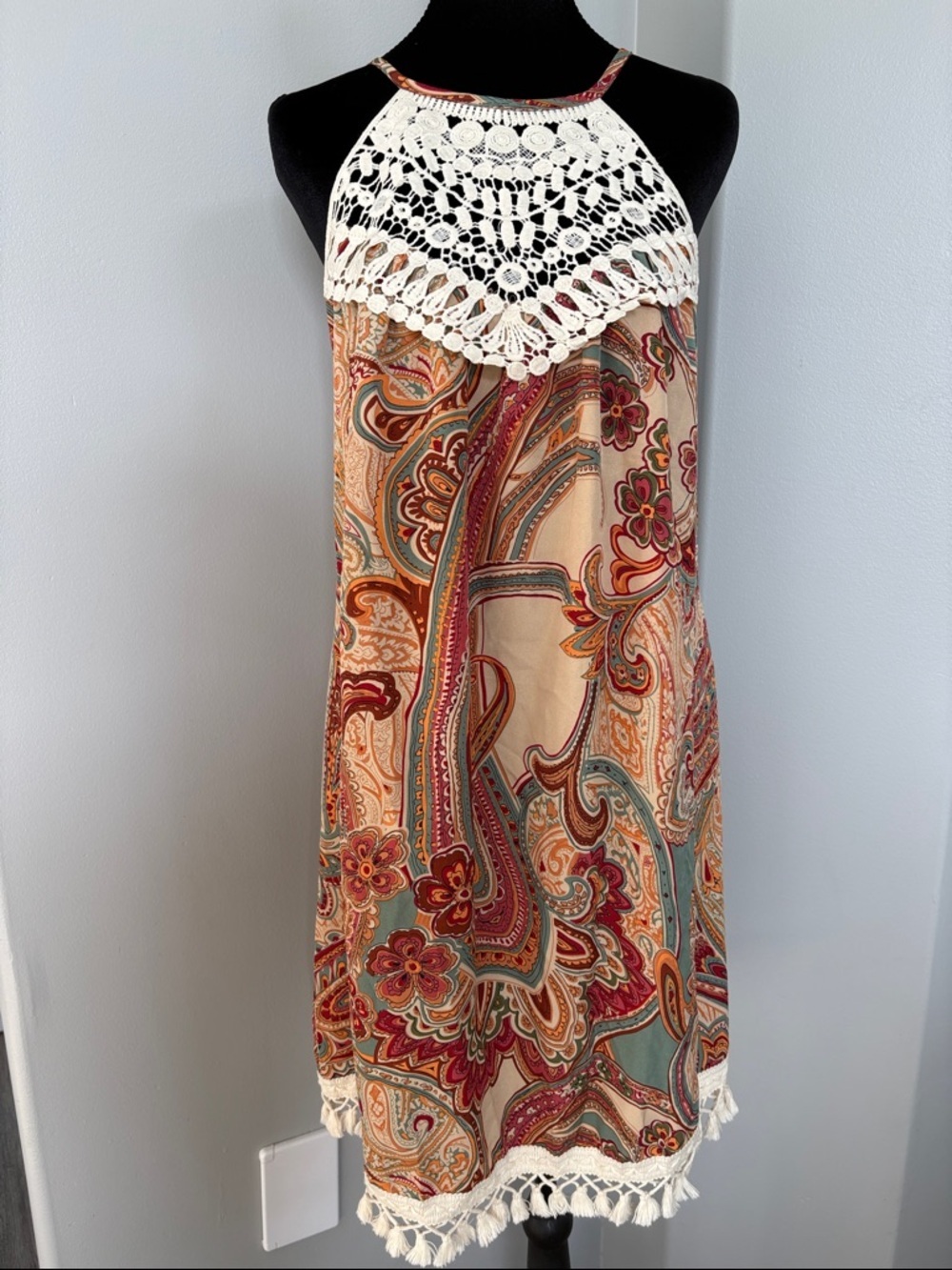 Crochet-Yoke Paisley Mini Dress in Cream and Rust